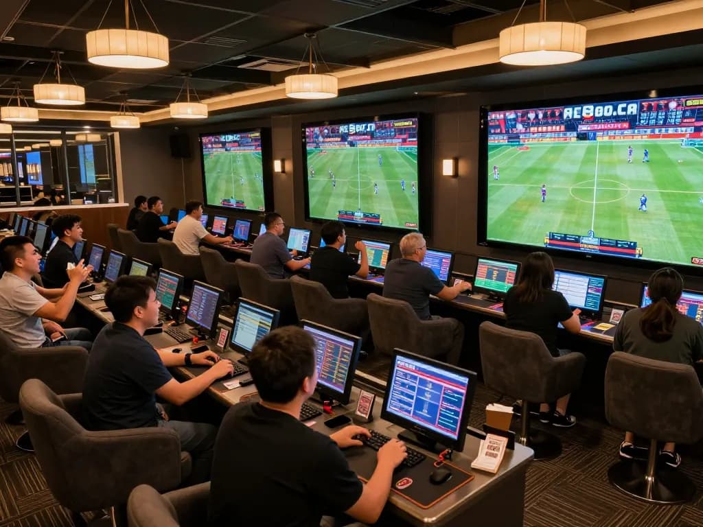 Patrons celebrating wins while betting on sports at AE888 COM's vibrant lounge