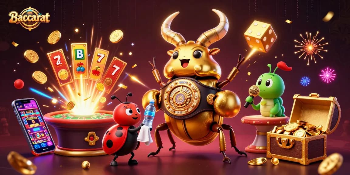 Baccarat game scene with a golden stag beetle and casino elements, celebrating wins in style.