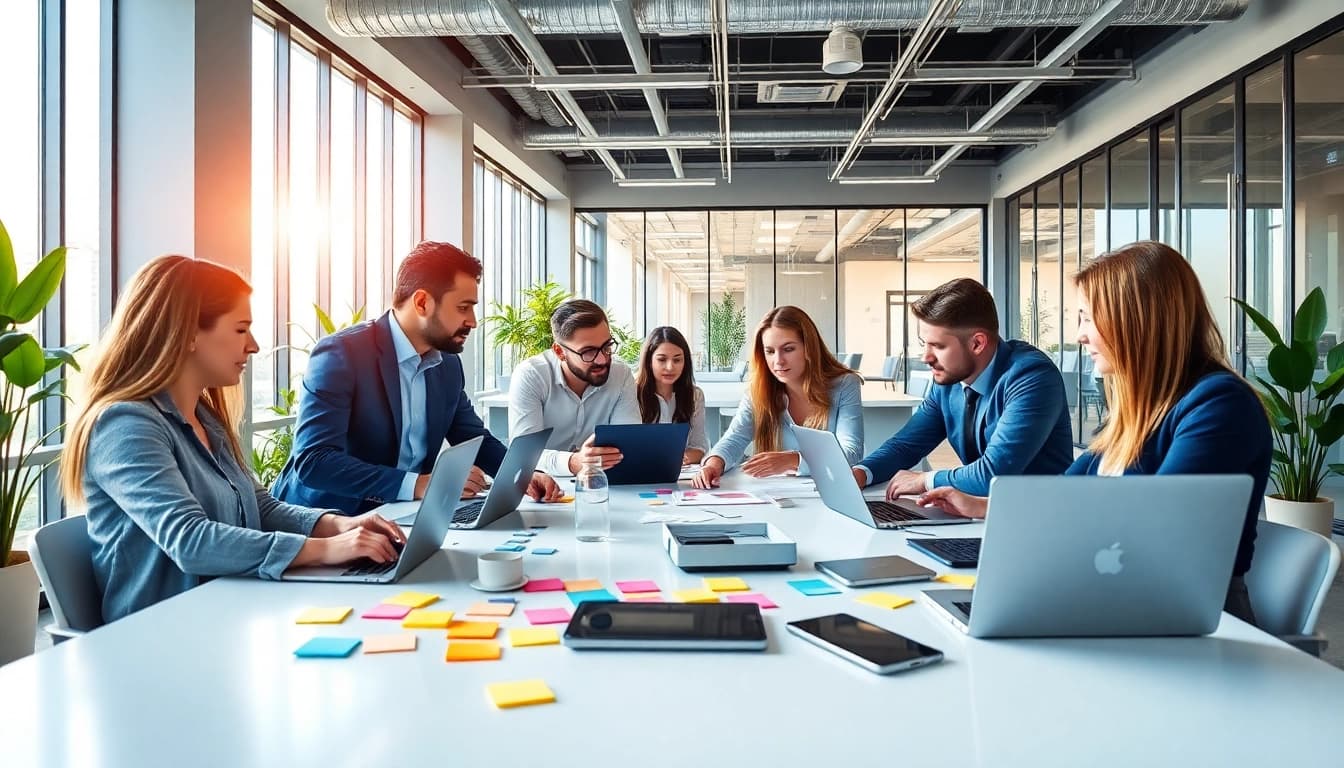 People actively collaborating on technology projects in a modern workspace.