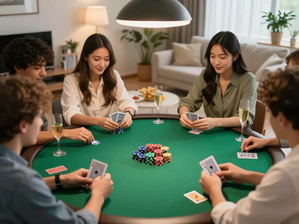 Friends enjoying a competitive poker game at home with G28 atmosphere.