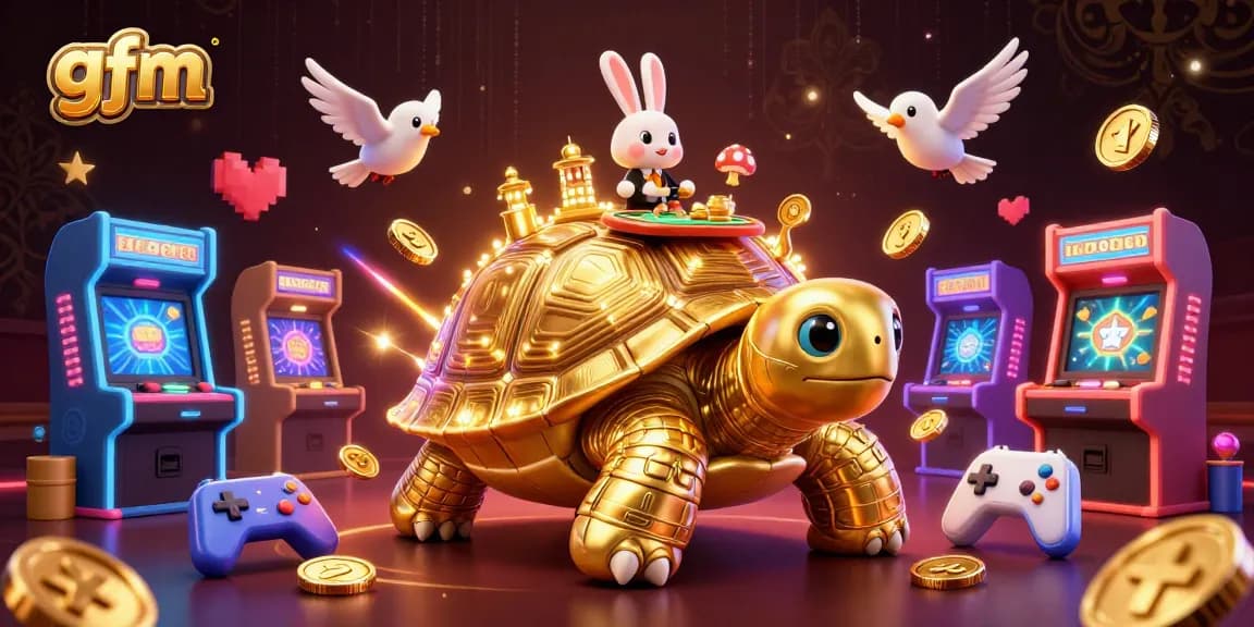 Play exciting casino games at gfm's animated scene with a golden tortoise casino and an energetic rabbit dealer.