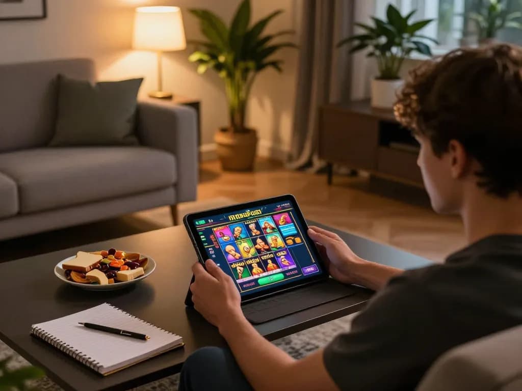 Person playing สล็อตวอเลท on a tablet during a cozy online gaming session at home
