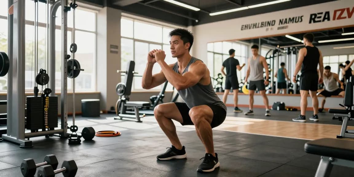 Bodybuilder performing squats in a modern gym, highlighting the power of Deus Medical Steroids for enhanced performance.