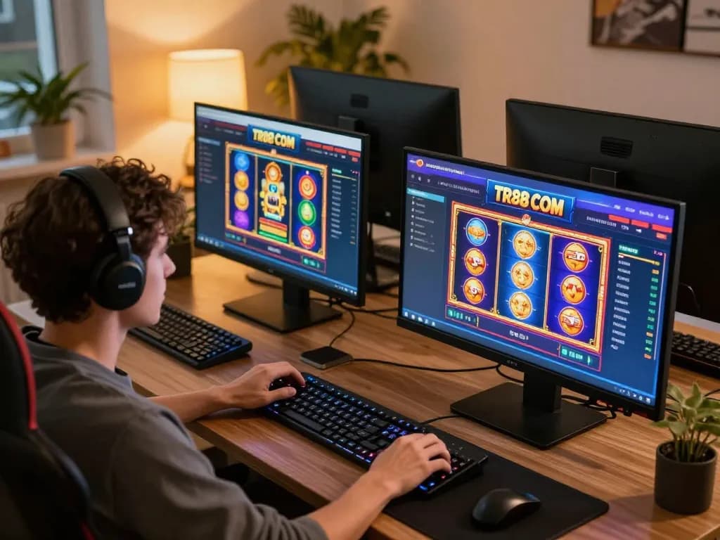 Player engaging with TR88 COM online casino interface at their modern workstation, showcasing excitement in gaming.