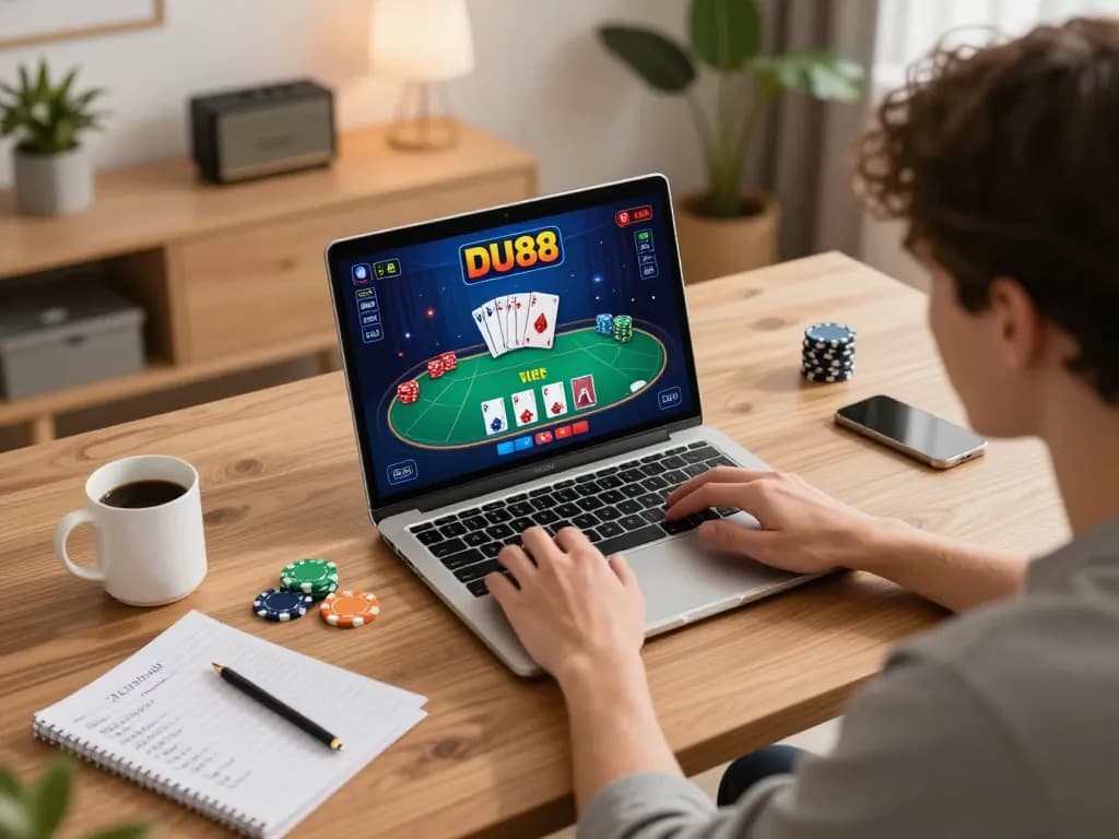 Engaging in DU88 poker online from a cozy home gaming setup with laptop and strategy notes.