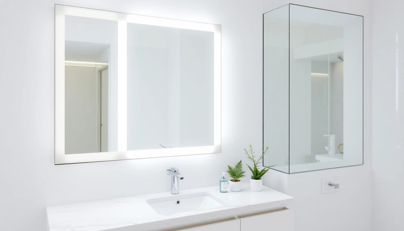 Enhance your bathroom with a stylish mirror with lights and elegant decor.