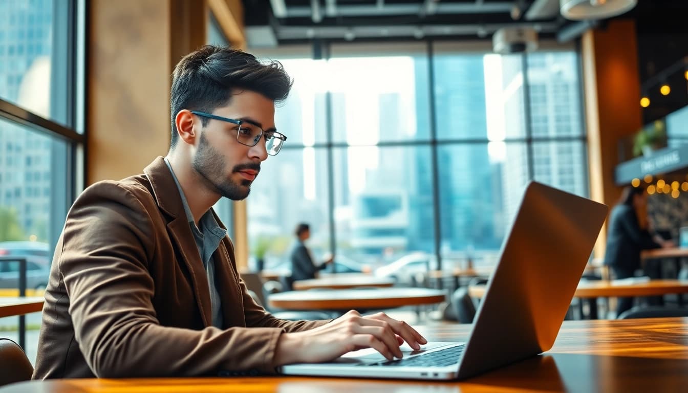 Engaged job search in a coffee shop, showcasing a professional determined to succeed.