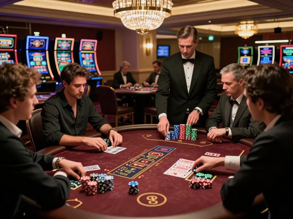 SHBET players strategizing at a high-stakes blackjack table in a luxury casino.