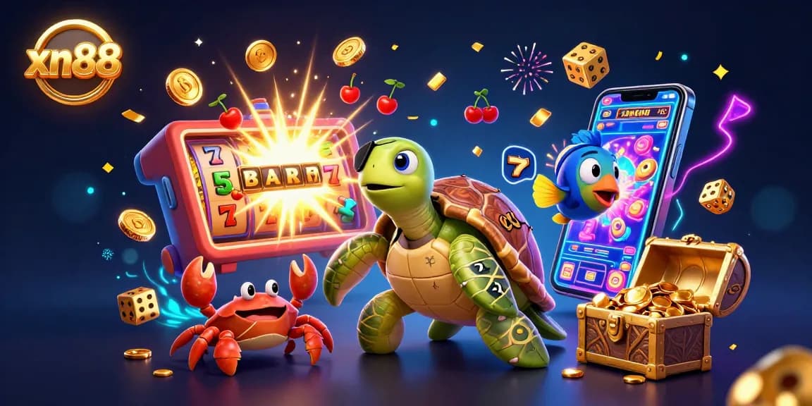 Experience the thrill of xn88's vibrant casino games with a pirate turtle and treasure in this engaging illustration.
