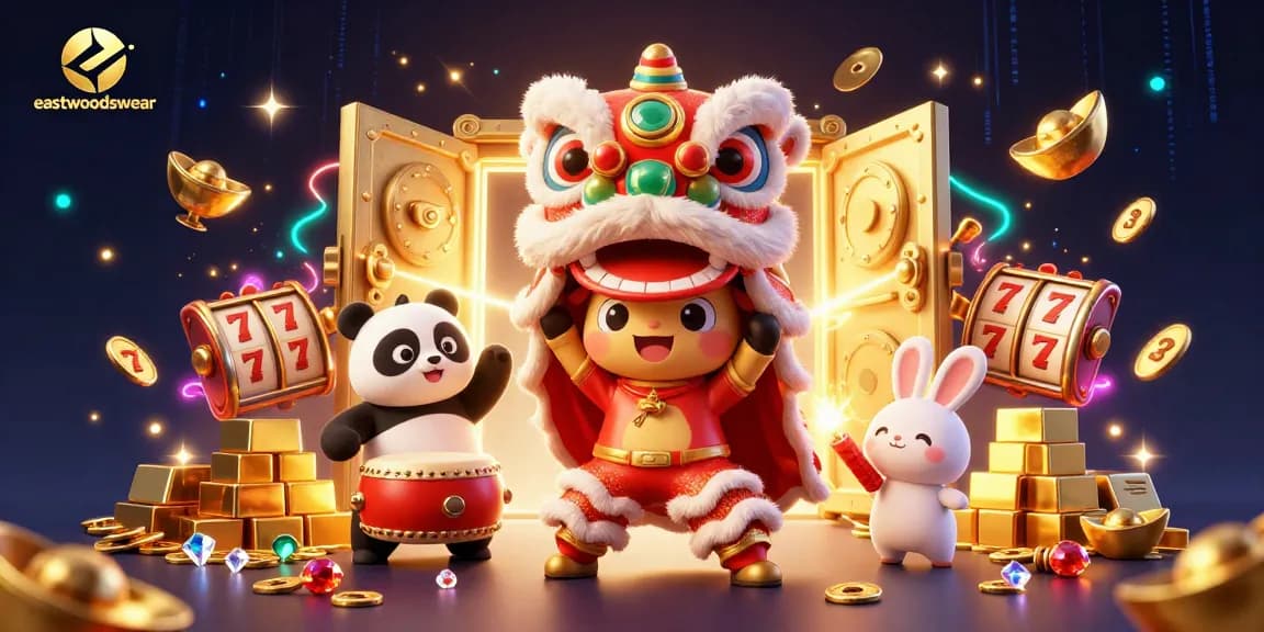 Melihat aksi menarik dari karakter eastwoodswear bermain slot dengan tarian singa dan panda.