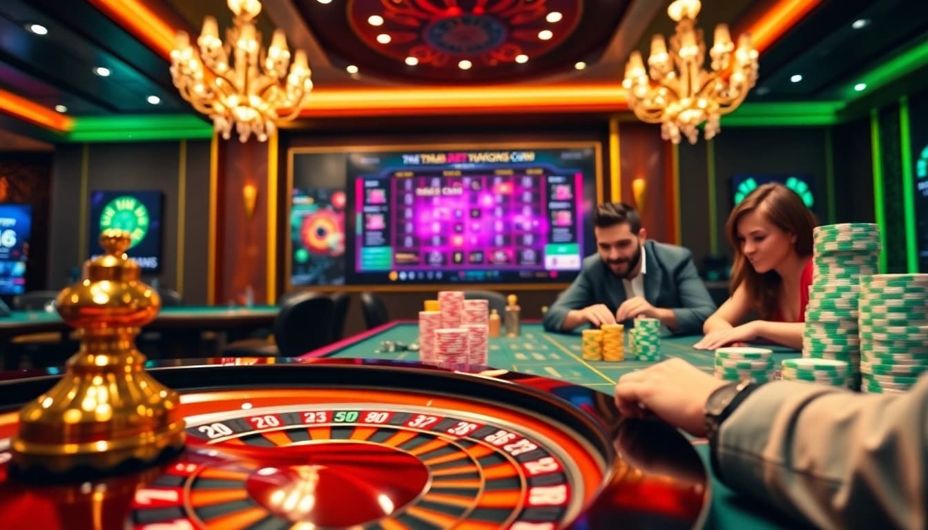 Engaging players at THABET.VEGAS strategize and win at a glamorous casino table.