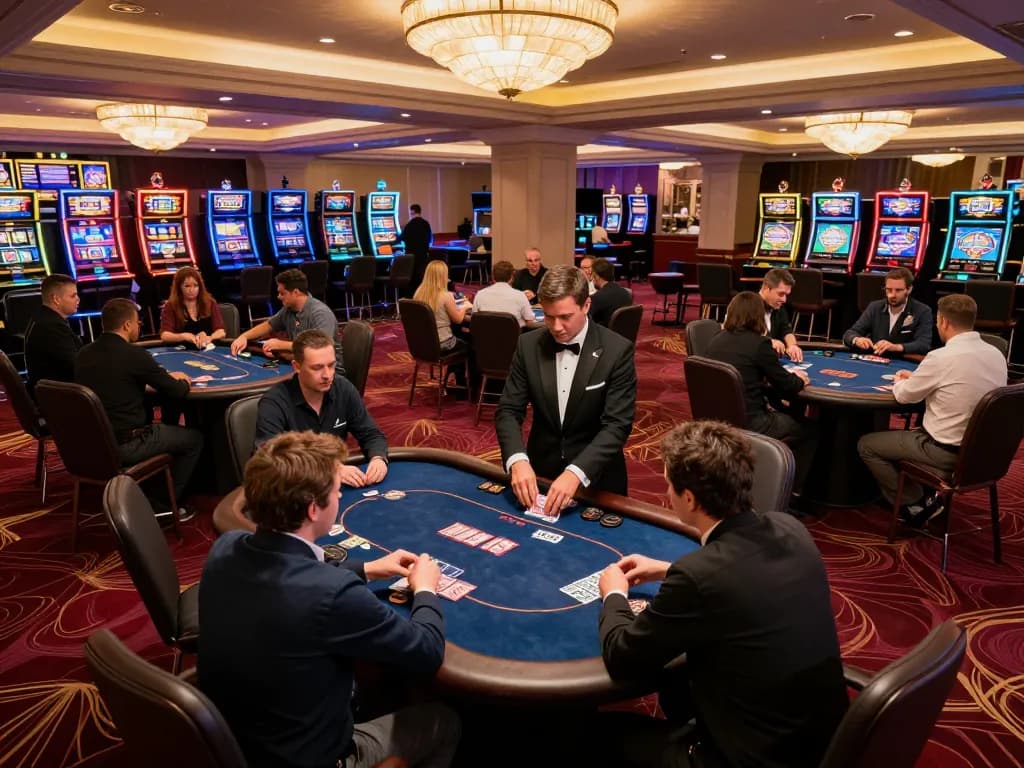 SC88 casino players engaged in serious poker at vibrant casino tables, professional atmosphere