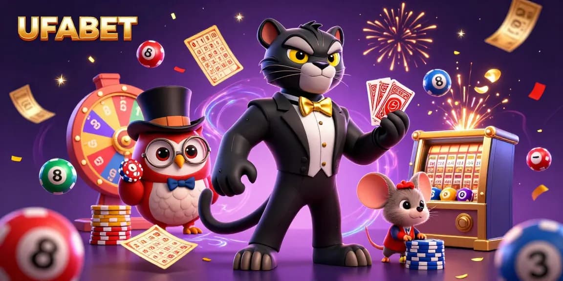 Win big at UFABET with stylish gaming characters dancing amid vibrant casino elements.