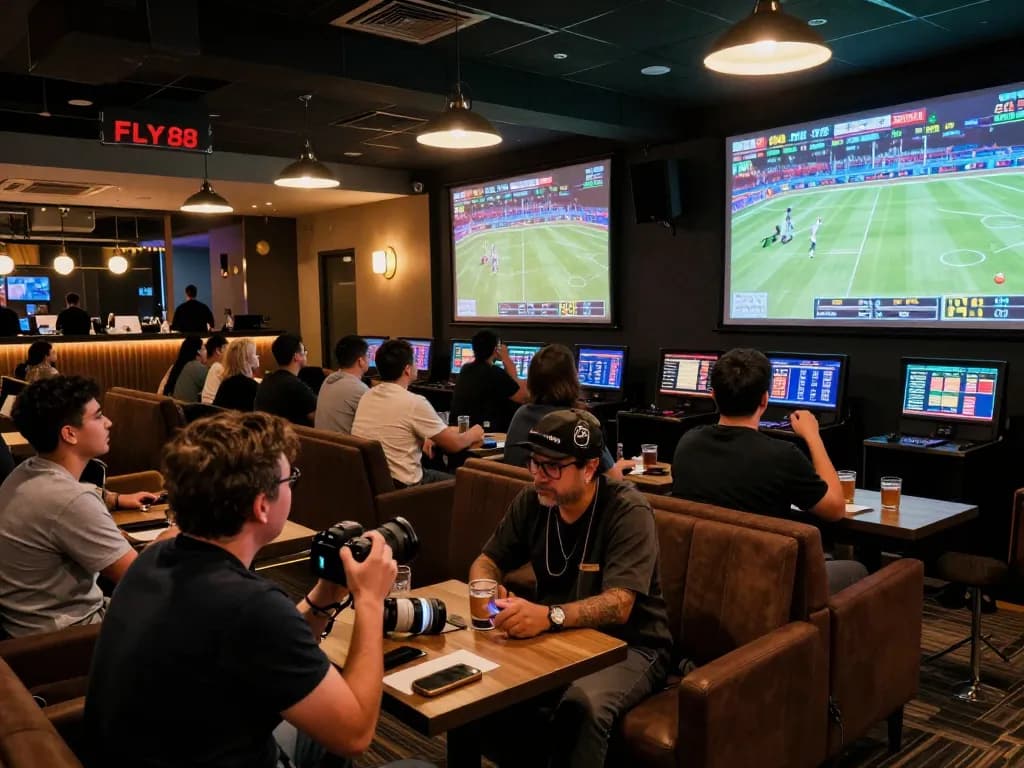 Sports betting at FLY88 with enthusiastic patrons discussing strategies around large screens displaying live events.