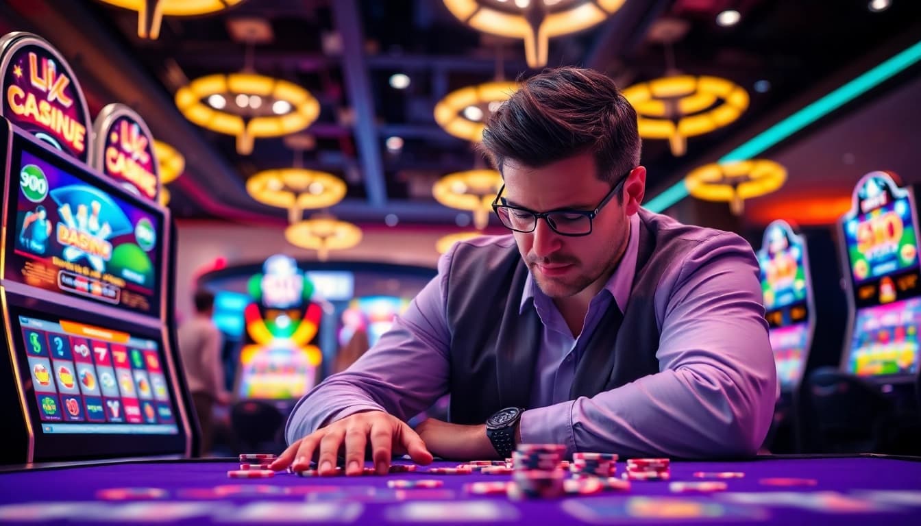 Menggali strategi kemenangan dalam slot depo 10k dengan mesin slot berwarna-warni yang bersinar.