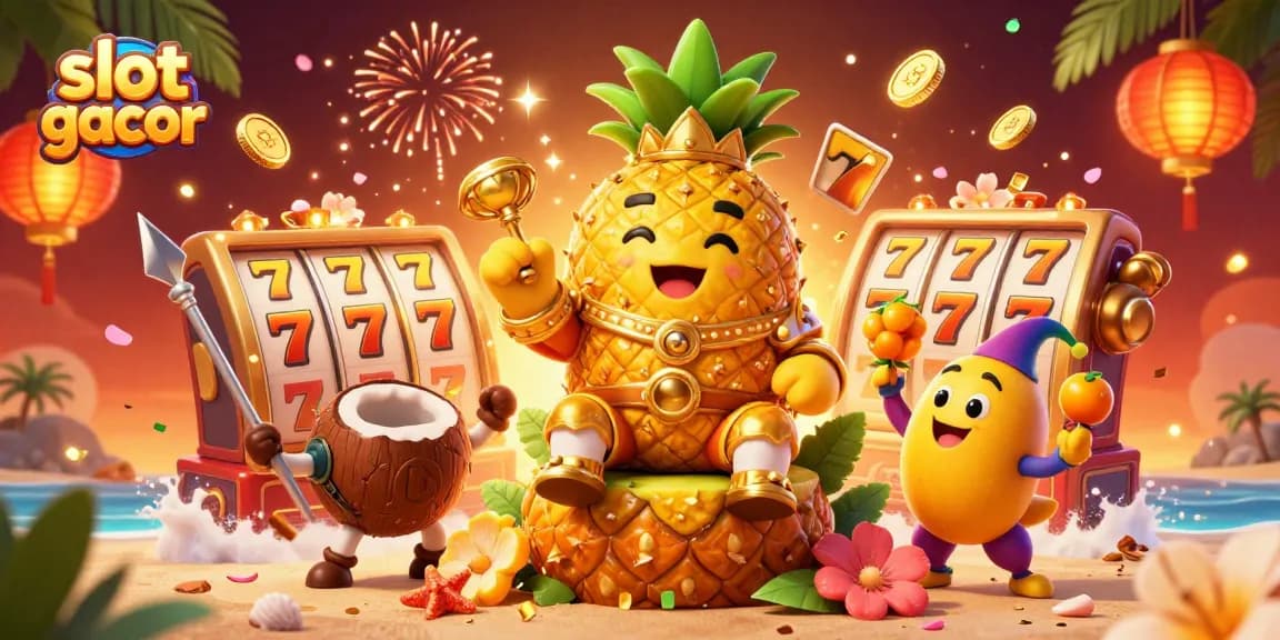 Spin the slot gacor reels with our vibrant 3D casino scene featuring dynamic characters and festive elements.