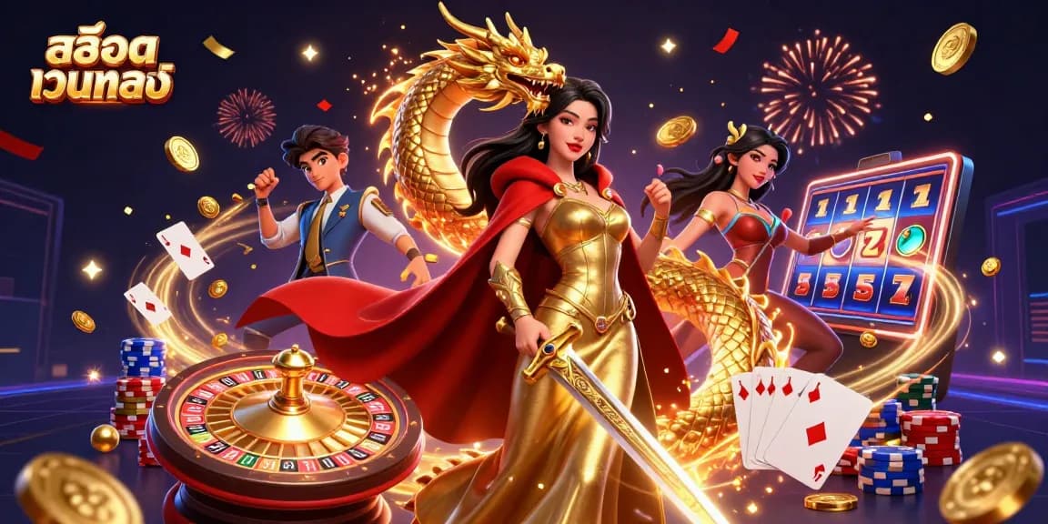 Engage with สล็อตเว็บตรง features in a thrilling casino scene with jackpot reels and golden elements.