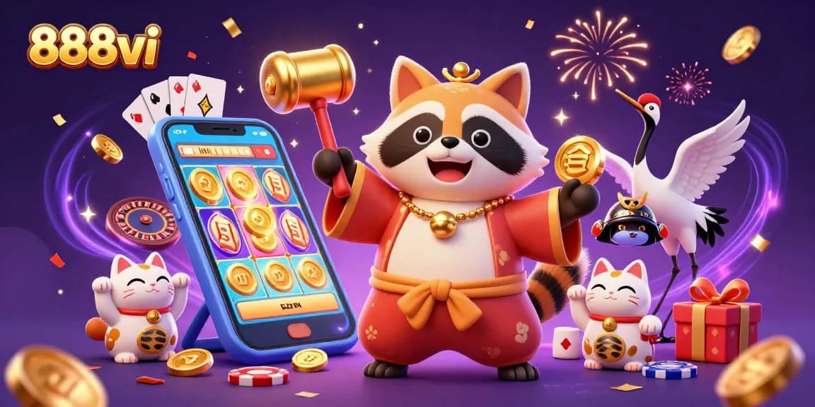 Experience winning with vibrant 888vi casino visuals featuring cheerful tanuki and festive elements.