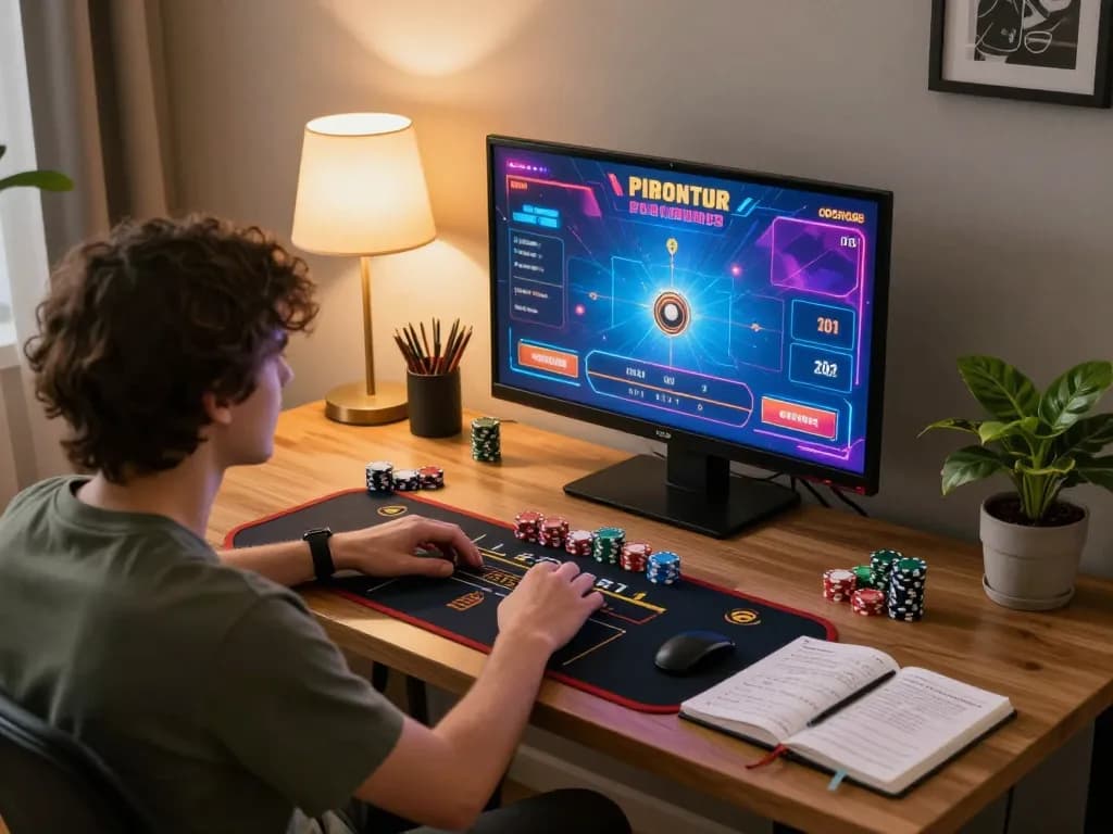Engaged player enjoys a live dealer game on open88 from a cozy home setup with warm ambient light.