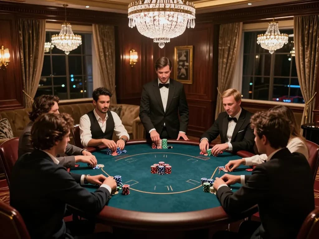 Players strategizing in a luxurious poker game at G28 COM, showcasing high-stakes action and elegant decor.