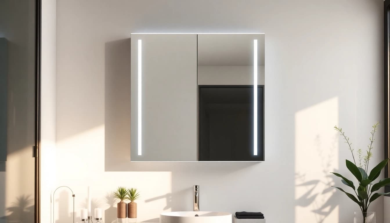 Highlighting a stylish bathroom cabinet with mirror and light, featuring integrated LED lights in a modern setting.