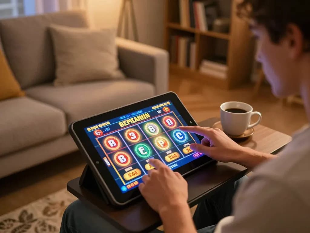 Engaging with slot gacor min depo 10k on a tablet at home, showcasing exciting gameplay.