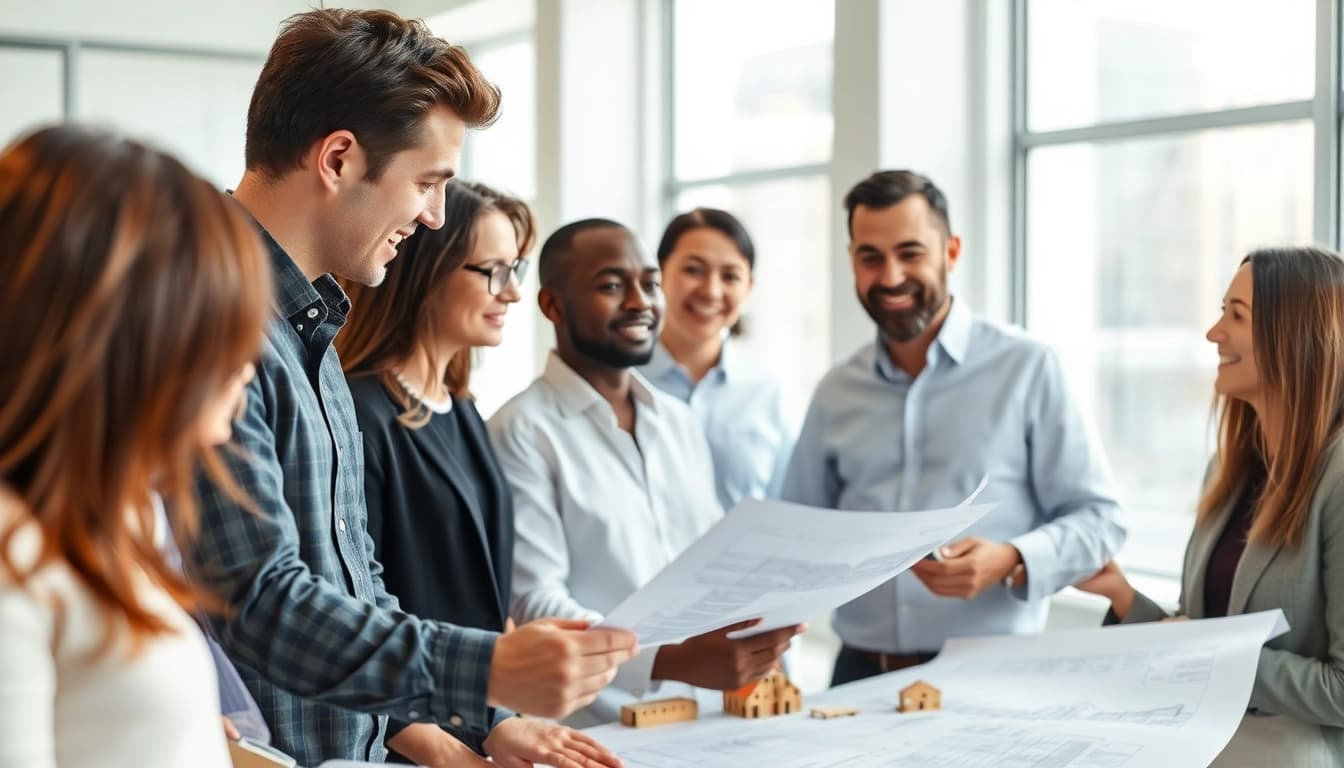 Architectural consultation Boston with professionals discussing design plans in a modern office space.