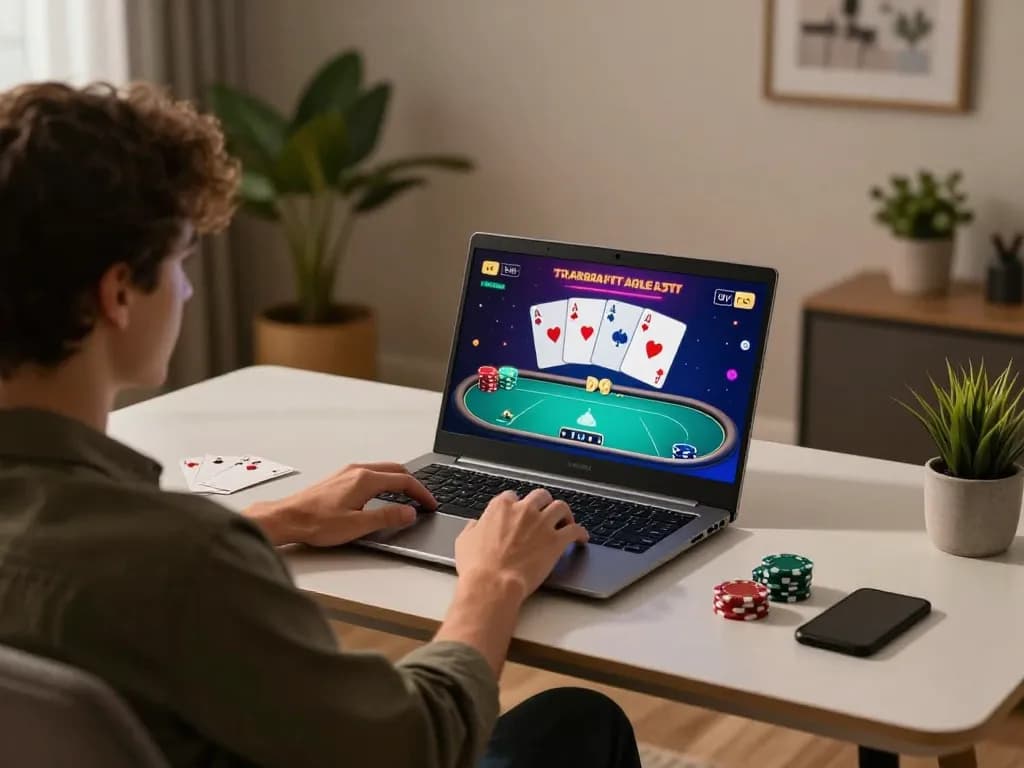 TẢI SUNWIN for dynamic poker gaming on laptop in a stylish home office setup