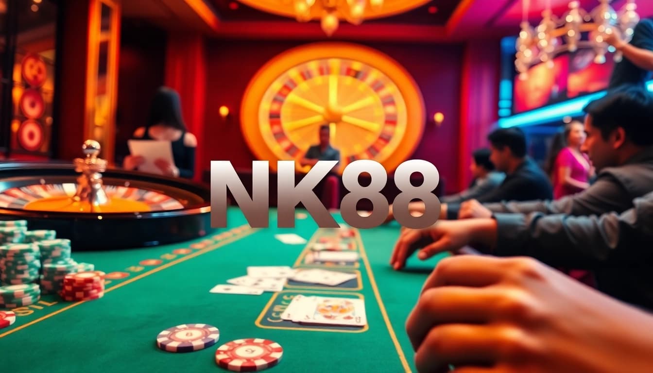 Experience the thrill of gambling with NK88 in a luxurious casino setting filled with vibrant poker chips and cards.
