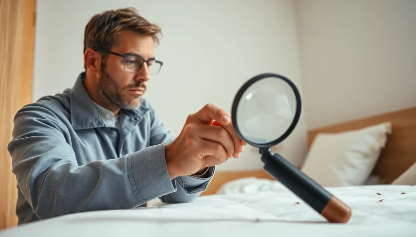 Assessing bed bug exterminator cost through professional inspection of a bedroom.