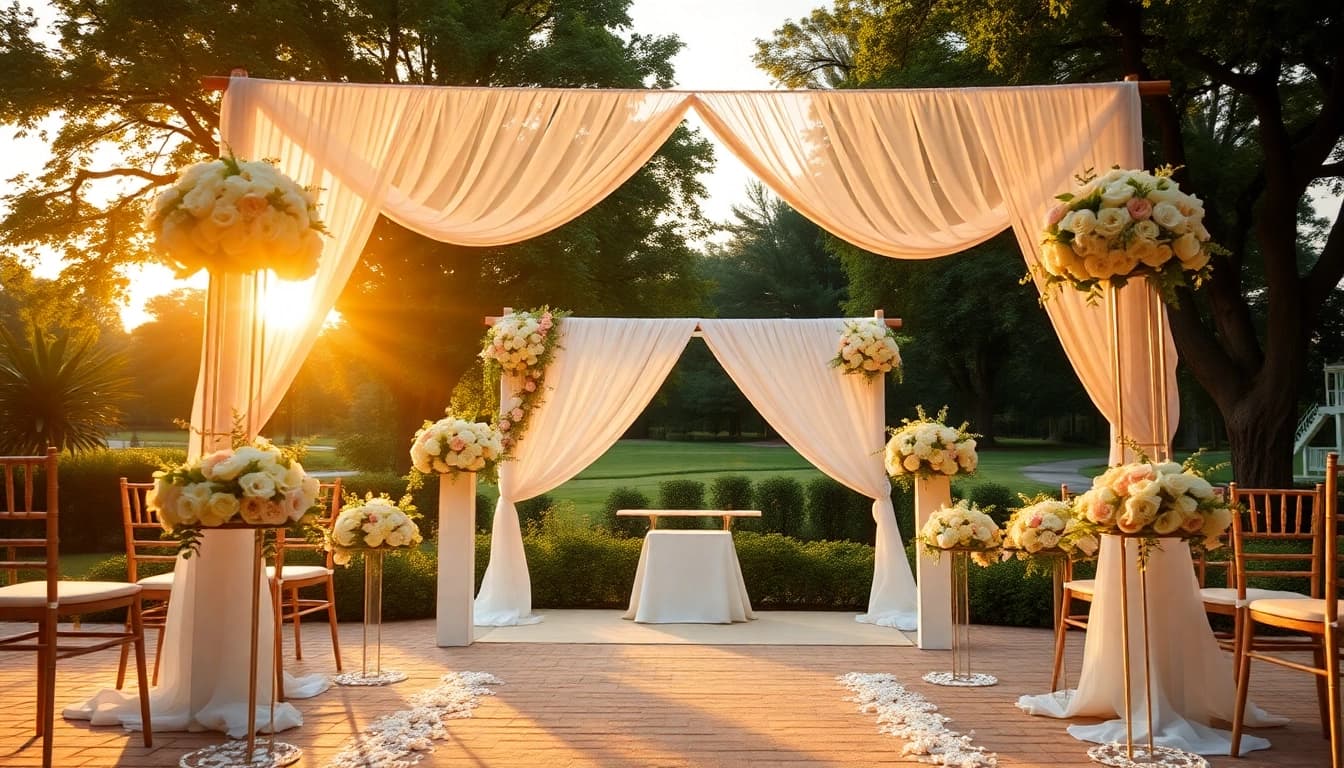 Stunning outdoor ceremony at a Jacksonville Wedding Venue with elegant decor and sunset lighting.