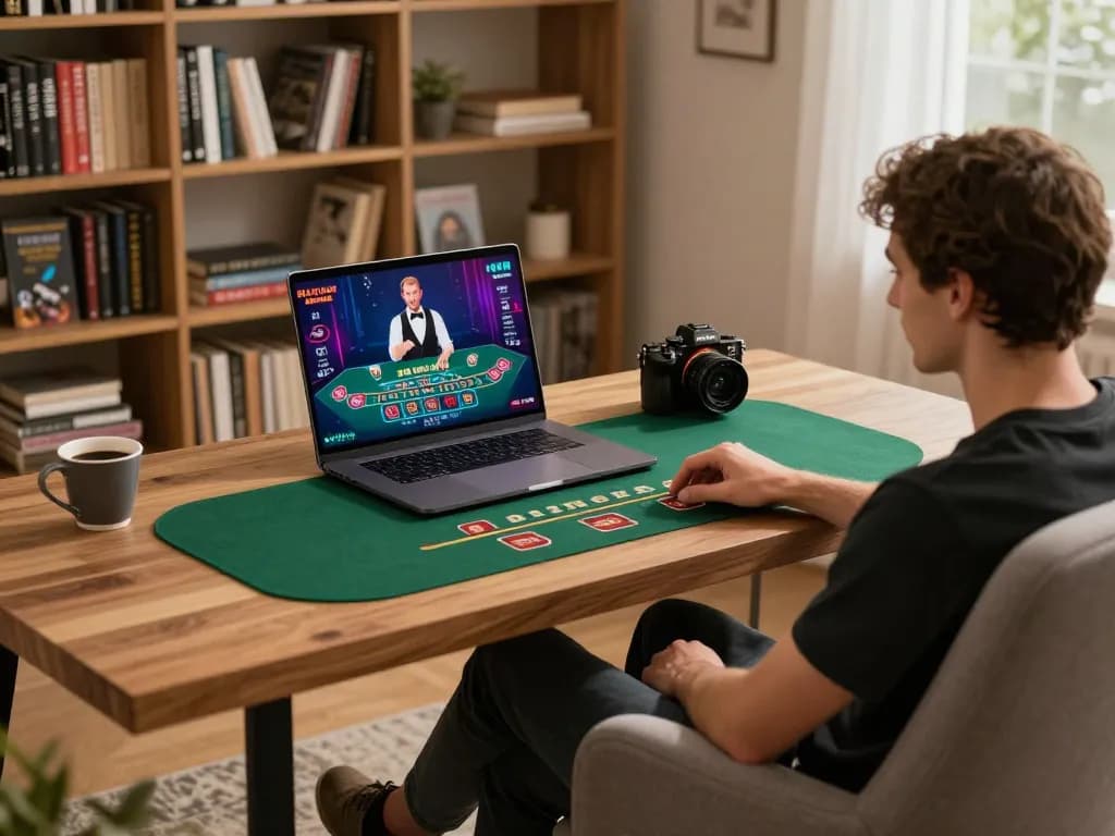 Person playing blackjack on CM88 COM at home with a cozy setup and laptop gaming.