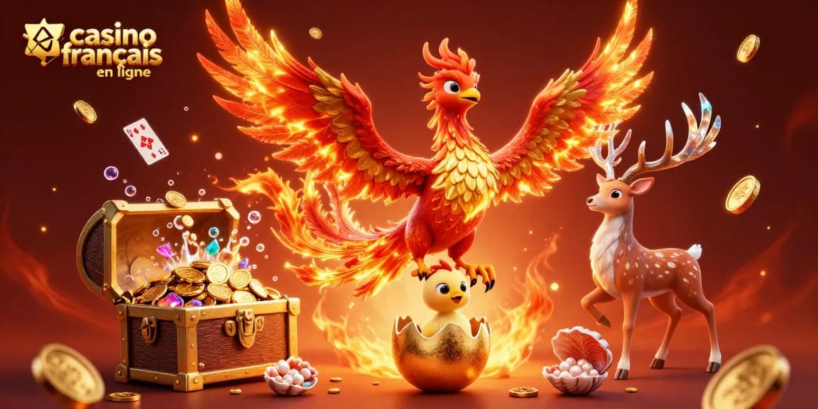 Jouez sur un casino français en ligne avec un phénix enflammé et des jeux fascinants autour.