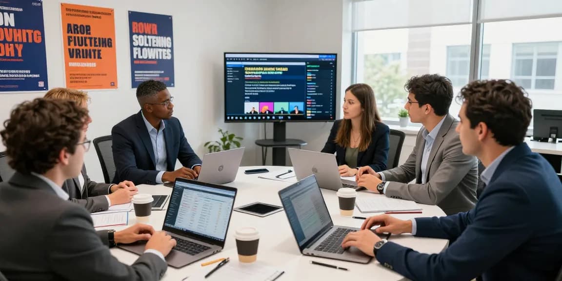Political social media advertising strategy session with a diverse team in modern office.