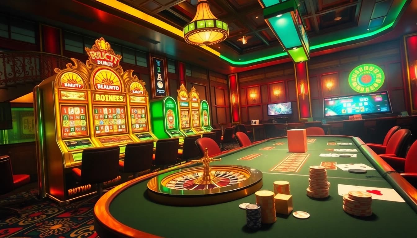 Feeling the thrill of birutoto, a player engages with vibrant slot machines and a roulette wheel.