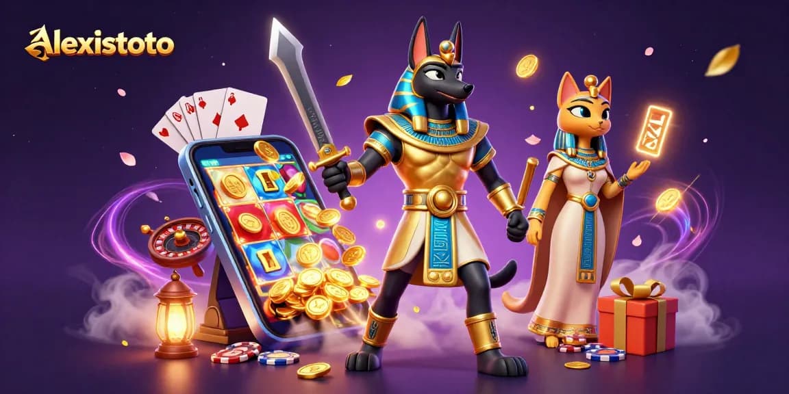 Experience thrilling wins with alexistoto in a vibrant 3D casino scene featuring Anubis and Bastet.