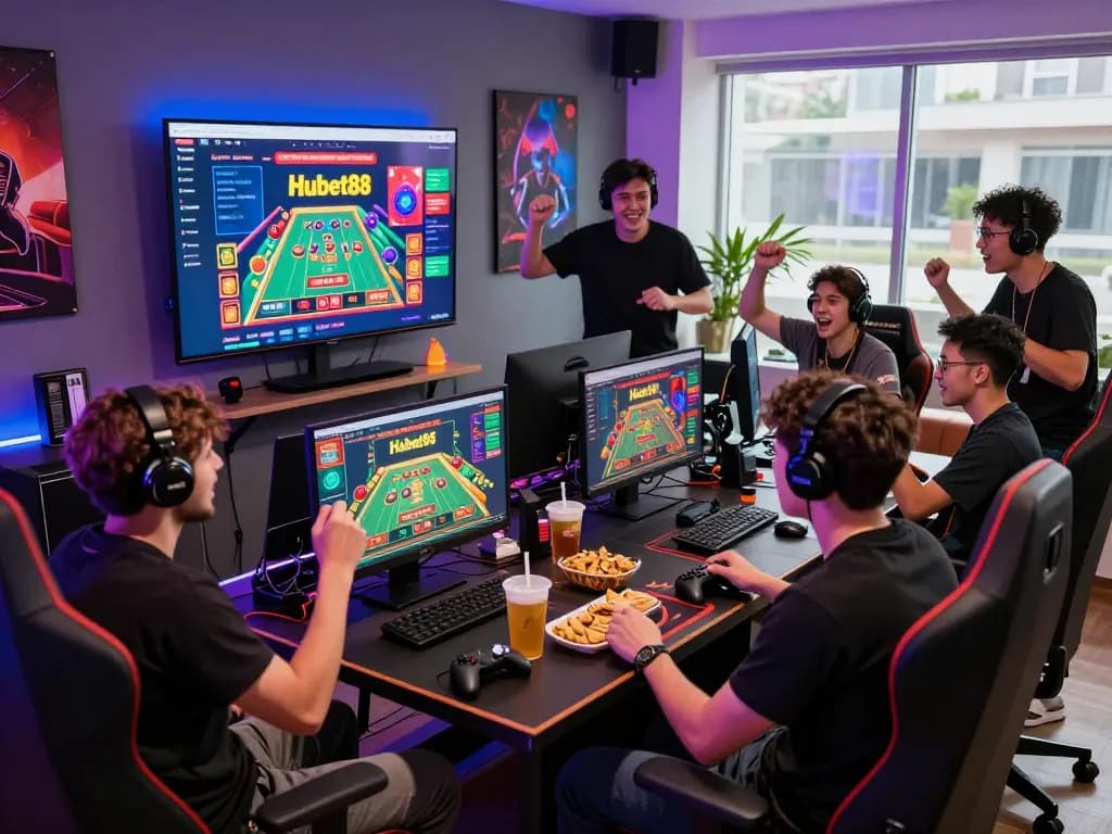 Engaged gamers enjoying Hubet88 gaming platform with vibrant lights