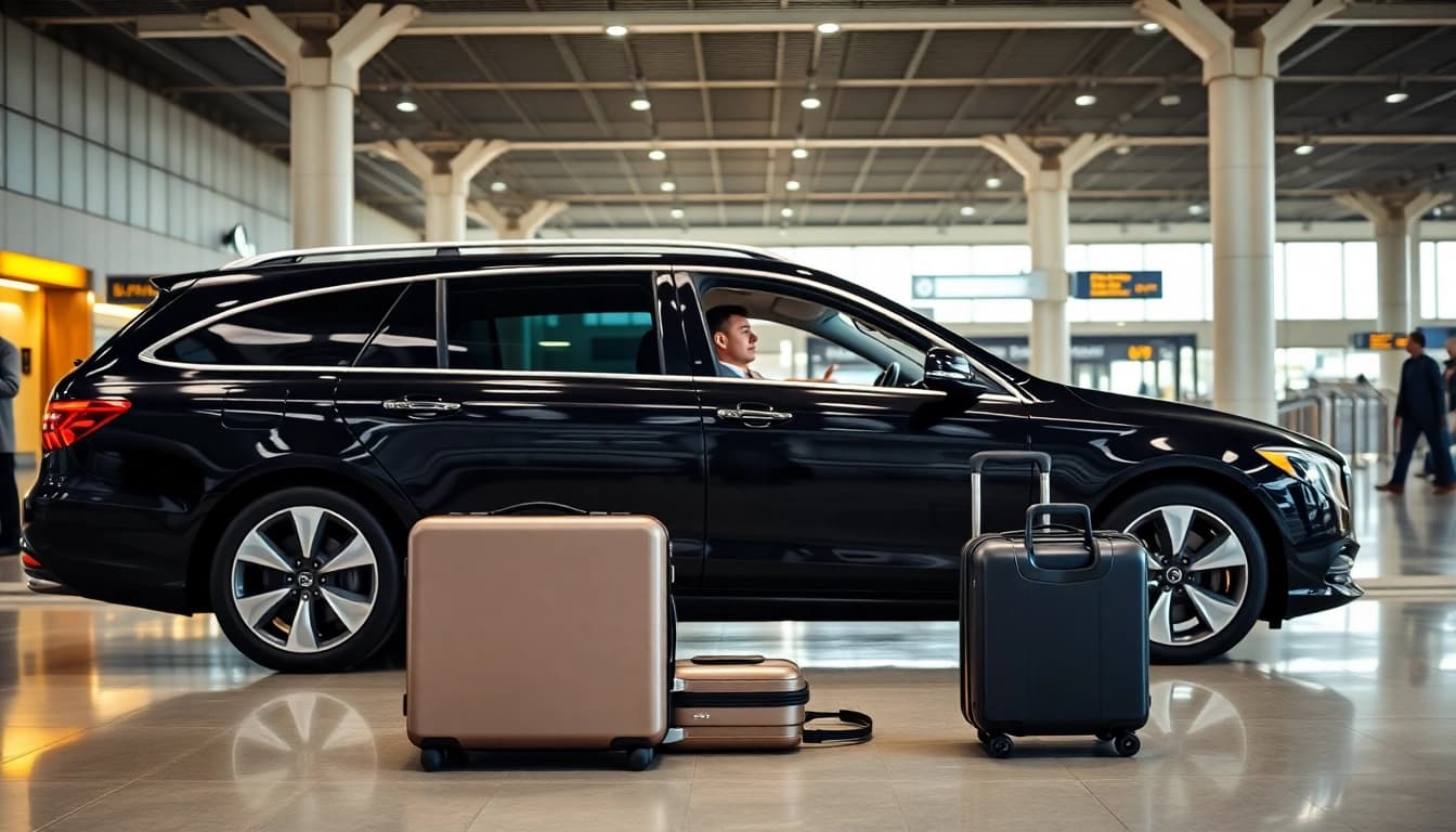 Book Private Airport Transfers with a professional chauffeur in a sleek sedan at the airport.