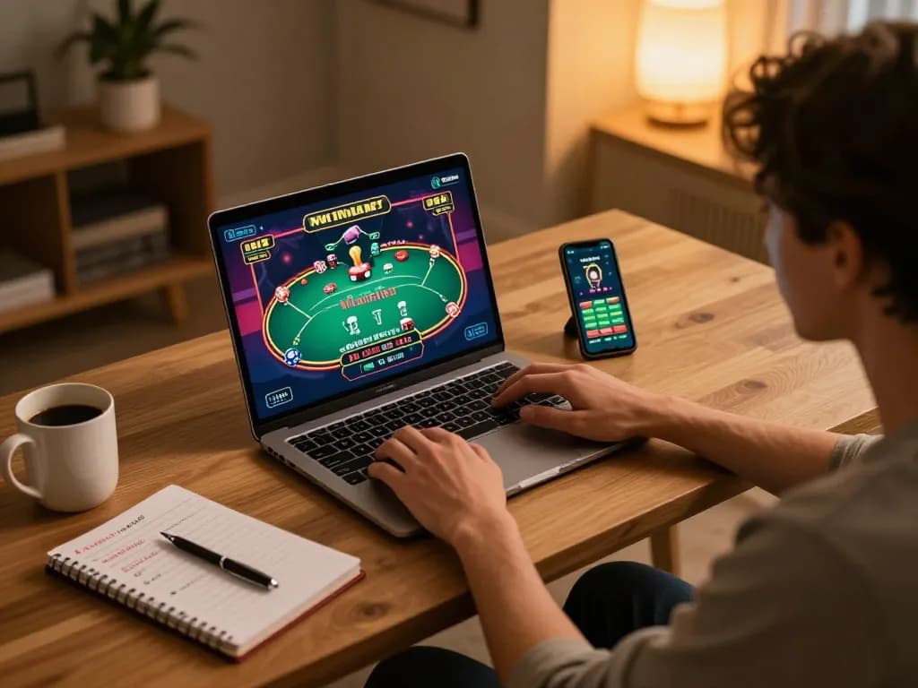 Playing online poker on the trang chủ nohu90 with a laptop and mobile app in a cozy room.