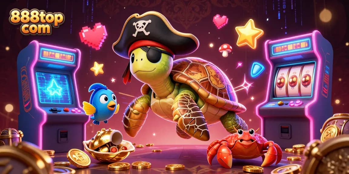 Engage with thrilling gameplay at 888top com as the pirate turtle and friends celebrate above casino treasures.