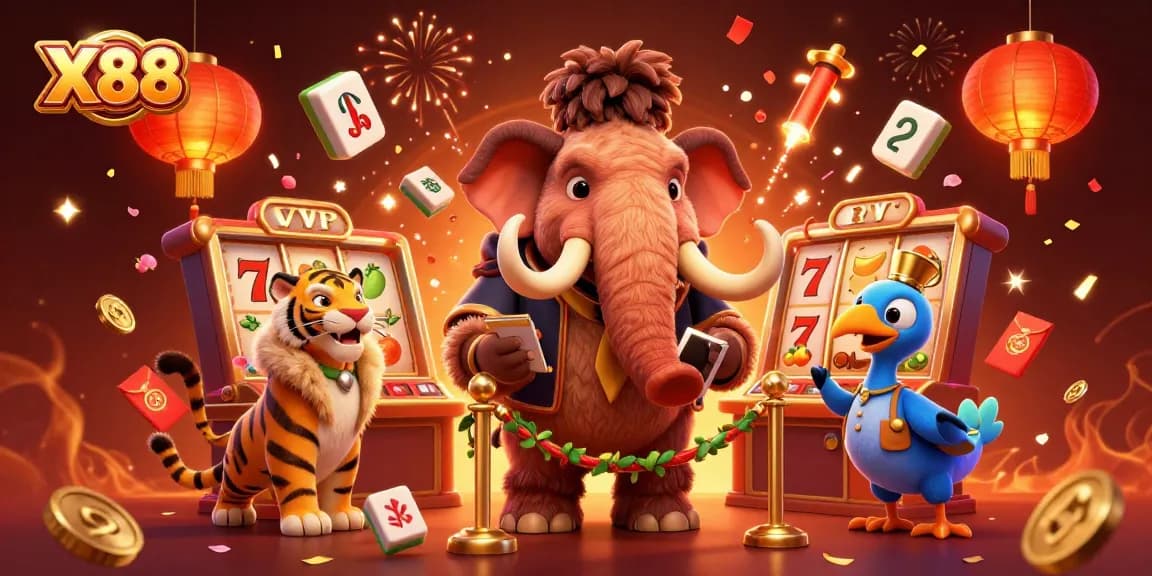 X88 offers exciting betting experiences in a vibrant casino environment, featuring playful characters and dynamic elements.