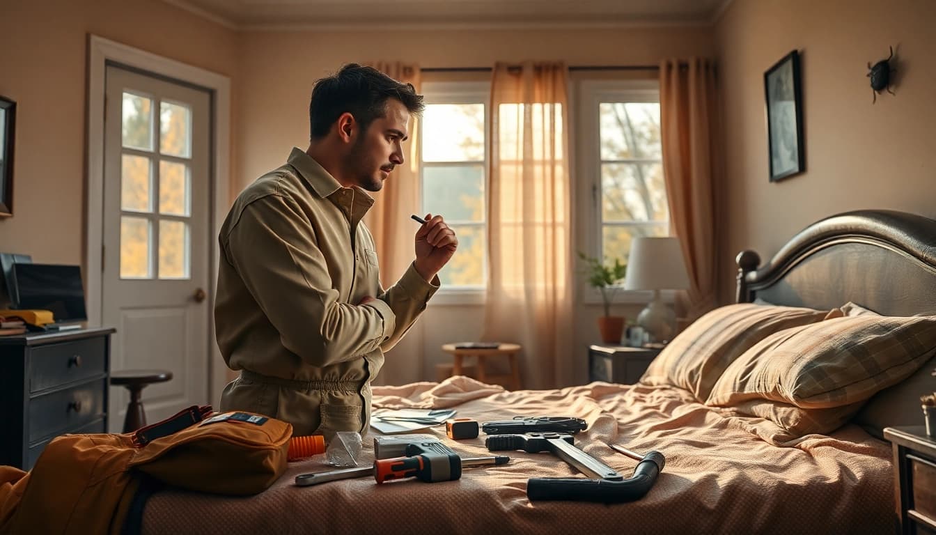Assessing the bed bug exterminator cost with a professional examining a home's pest problem.