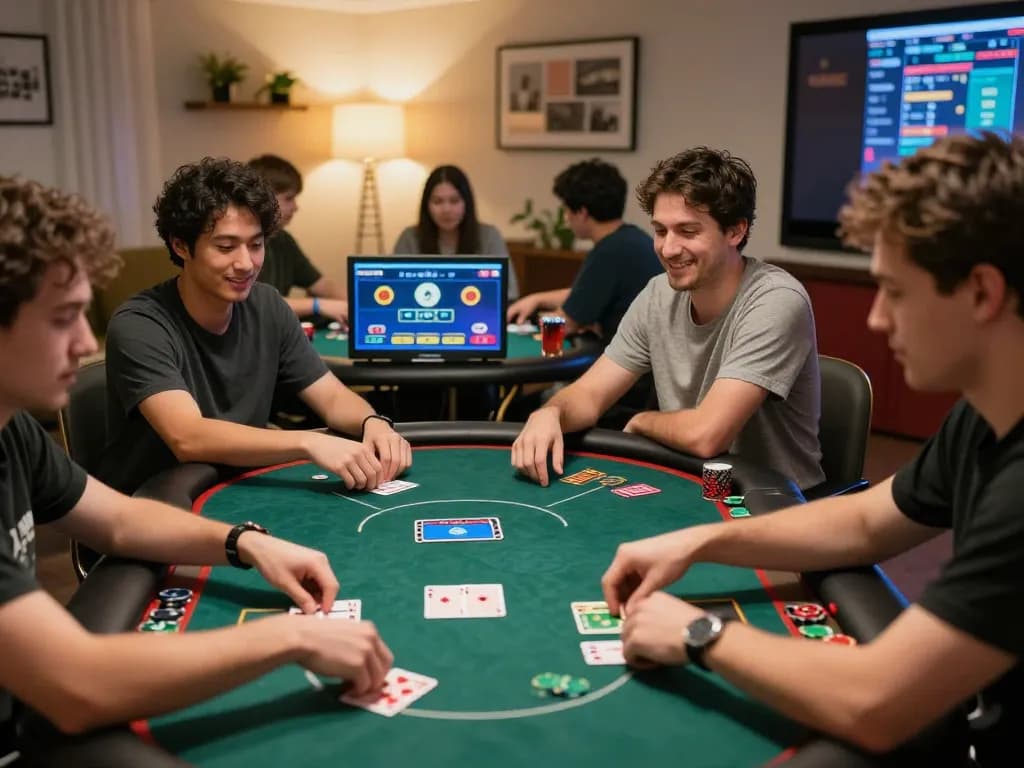 C168 players enjoying intense virtual poker at home, showcasing focus and strategy in online gambling.