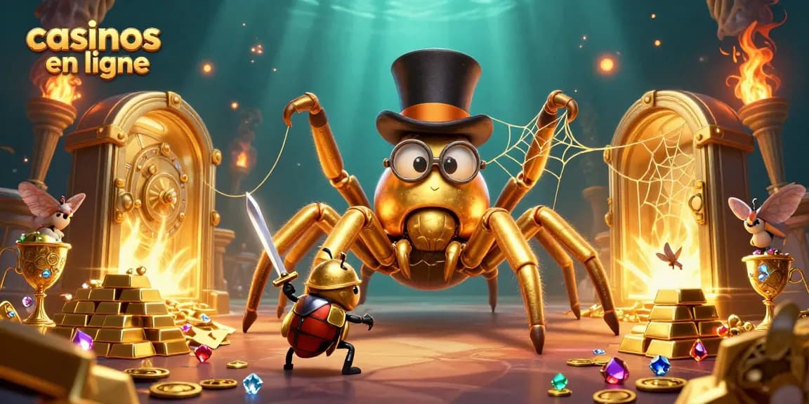 Jouez aux casinos en ligne avec cette scène colorée de jeux, pièces d'or et personnages captivants.