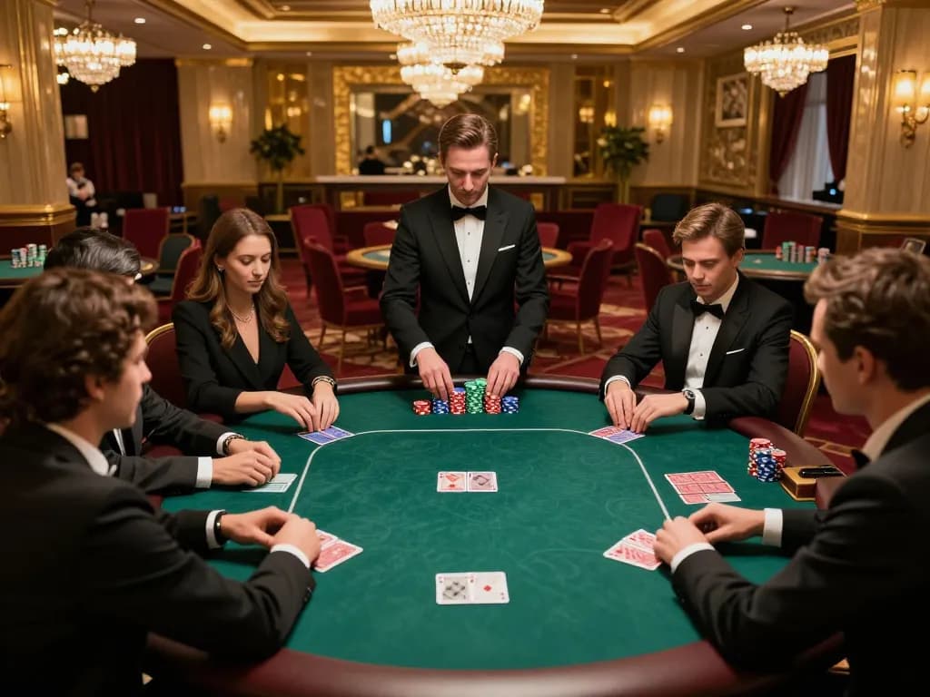 Players strategizing in a high-stakes poker game at 123b casino table, chips and cards visible