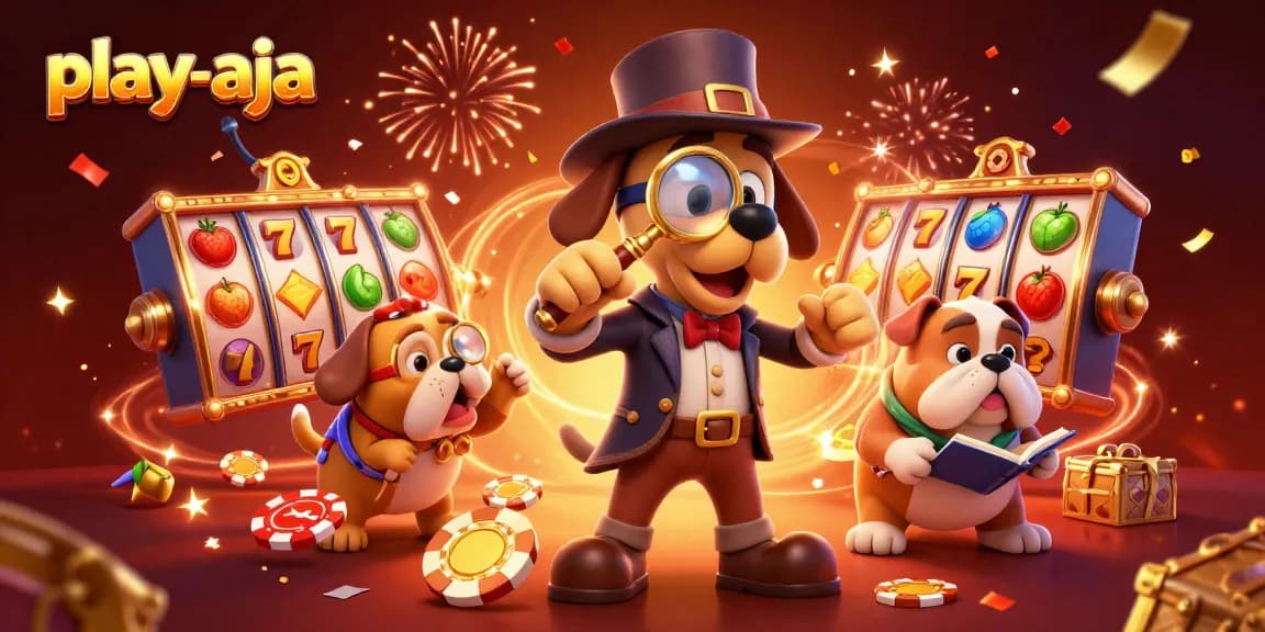 Engage with play-aja through a vibrant 3D casino scene with a detective and treasures.