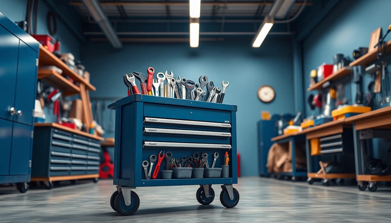 Explora los carros de herramientas Beta organizados en un taller profesional, mostrando calidad y eficiencia.