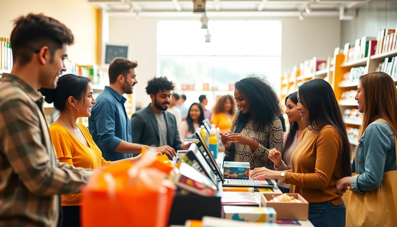 https://buyingst.com showcases customers enjoying a vibrant shopping experience in a bright store.
