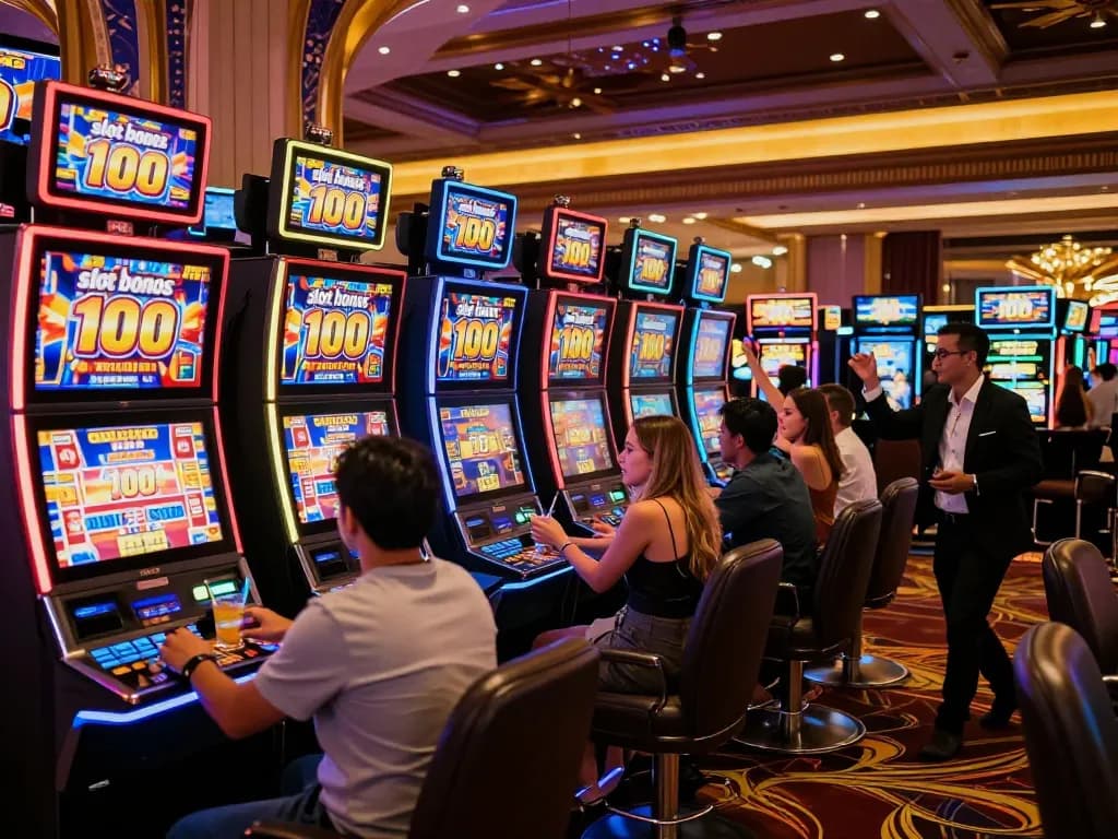 Engaging scene depicting players celebrating a big win with slot bonus 100 at colorful Las Vegas casino.