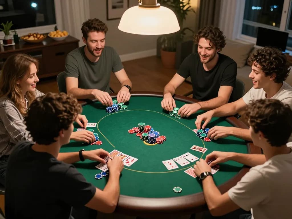 Players strategizing and placing bets on 8LIVE poker game at a friendly home gathering